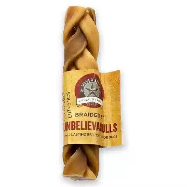 Dog chew treat with packaging labeled 'Unbelievabulls' on a white background