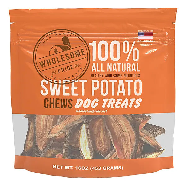 Package of Wholesome Pride Sweet Potato Chews dog treats in an orange package