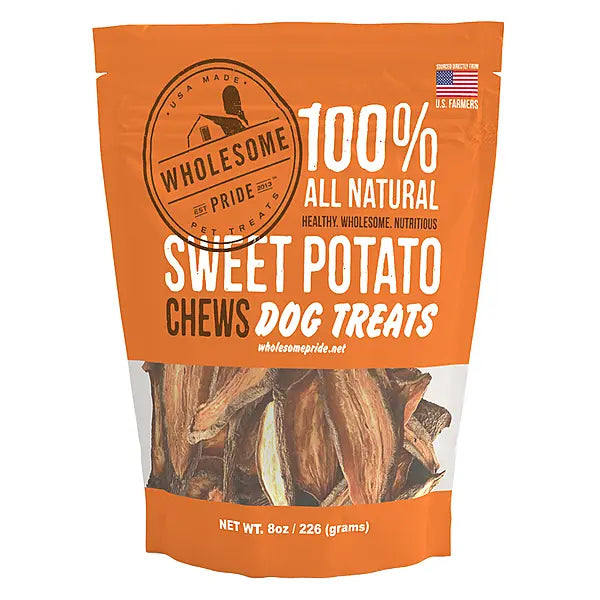 Package of Wholesome Pride Sweet Potato Chews dog treats in an orange package
